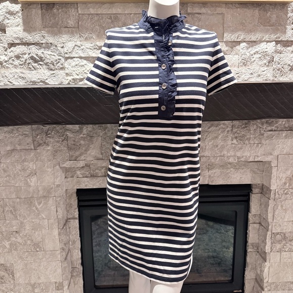 Tory Burch Navy Stripe Knit Dress Ruffle Collar Size small Breton Style - Picture 5 of 9